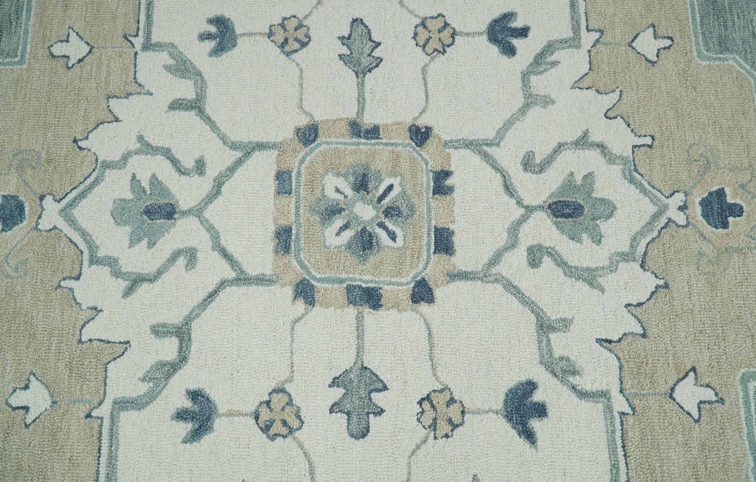 Ready to Ship 8x10 Traditional Ivory And Blue Hand Tufted Wool Rug - The Rug Decor
