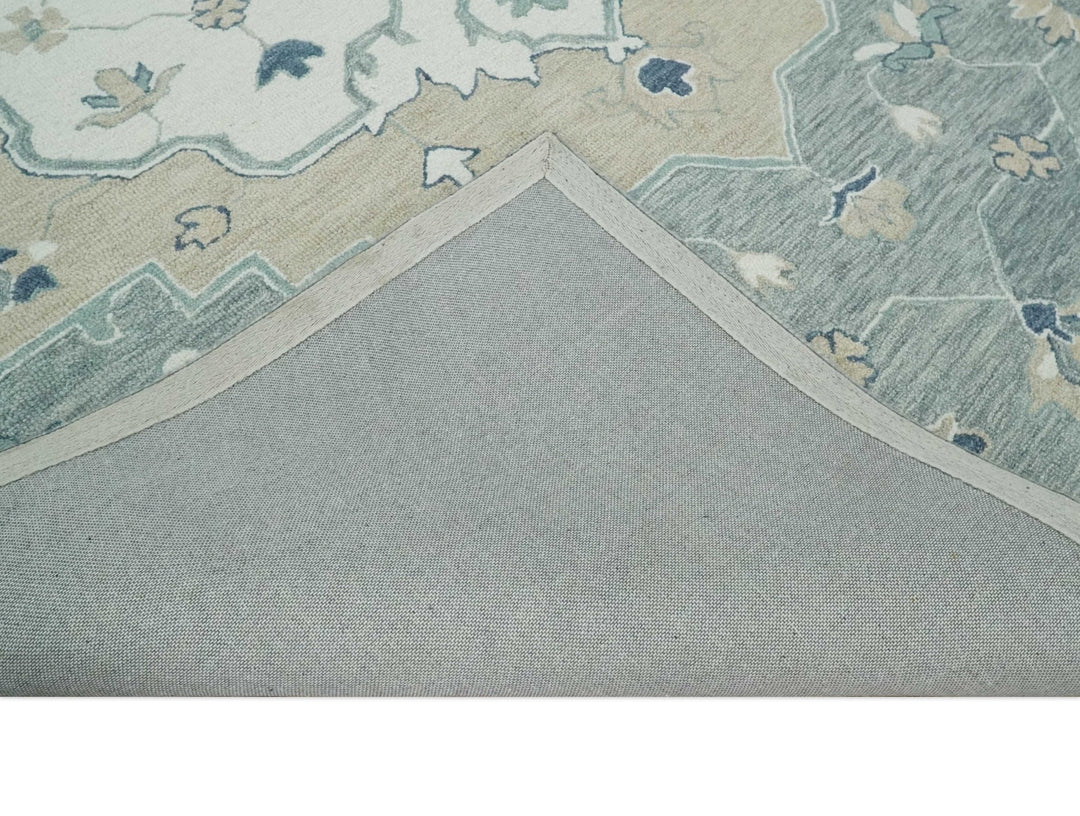 Ready to Ship 8x10 Traditional Ivory And Blue Hand Tufted Wool Rug - The Rug Decor