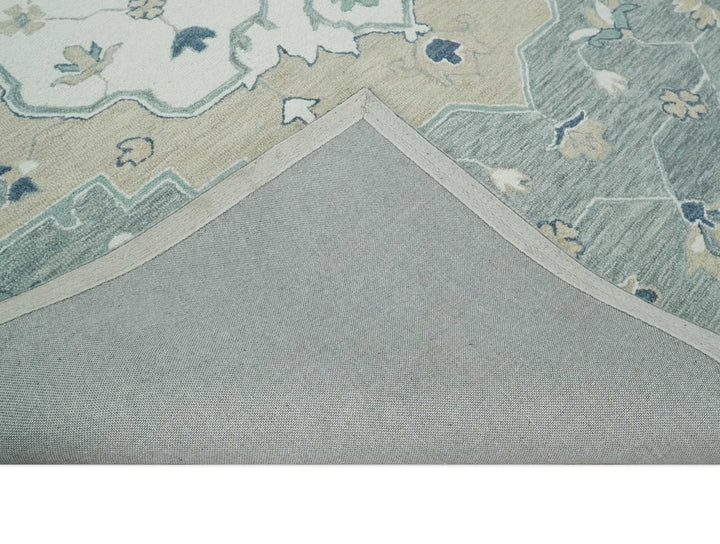 Ready to Ship 8x10 Traditional Ivory And Blue Hand Tufted Wool Rug - The Rug Decor