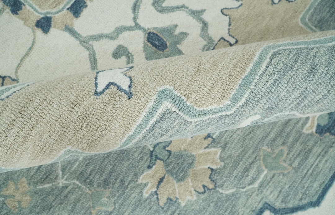 Ready to Ship 8x10 Traditional Ivory And Blue Hand Tufted Wool Rug - The Rug Decor