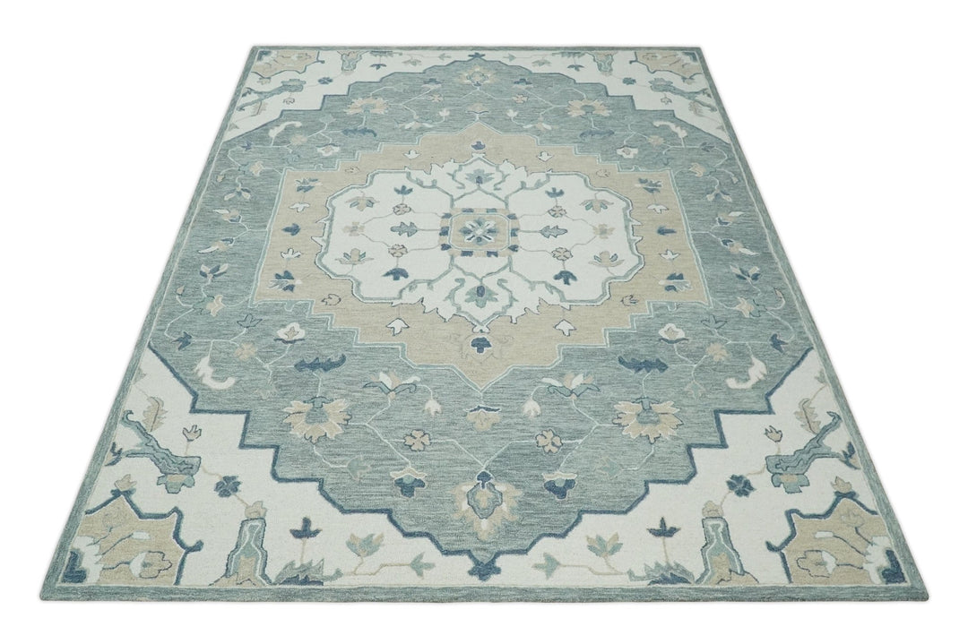 Ready to Ship 8x10 Traditional Ivory And Blue Hand Tufted Wool Rug - The Rug Decor