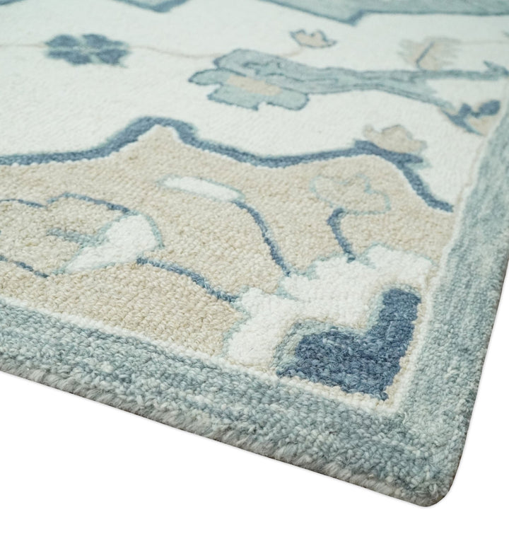 Ready to Ship 8x10 Traditional Ivory And Blue Hand Tufted Wool Rug - The Rug Decor