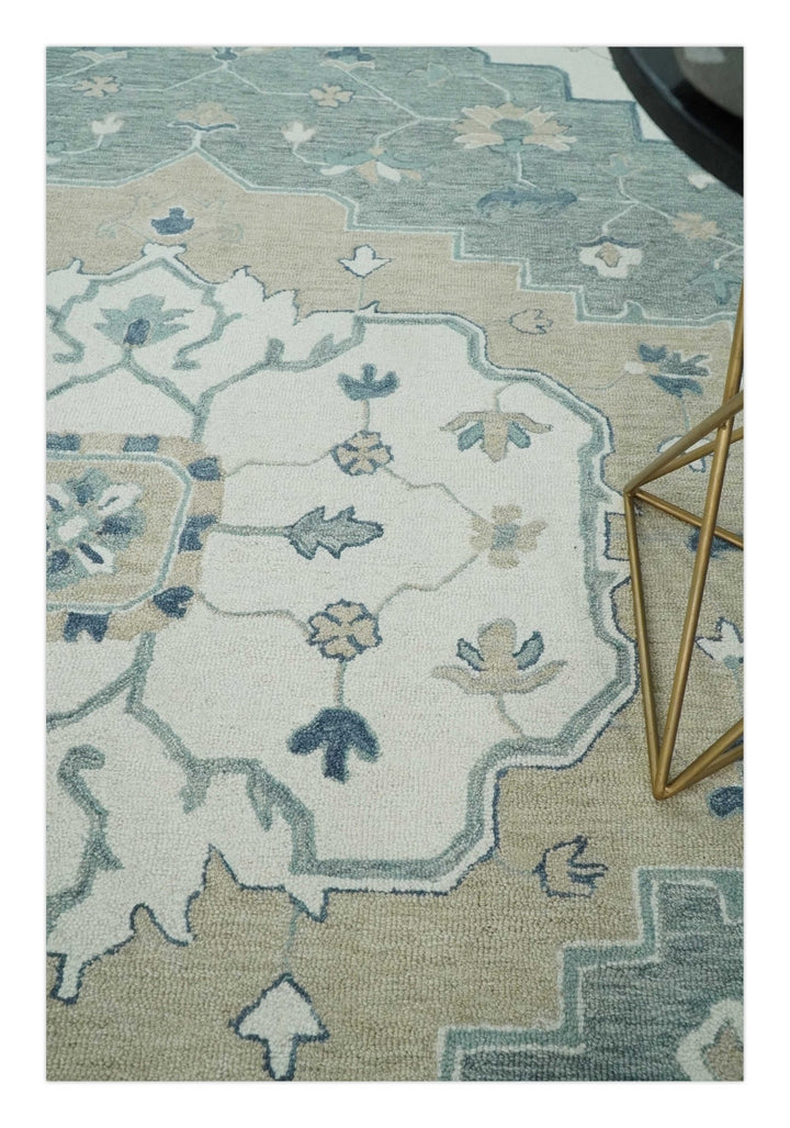 Ready to Ship 8x10 Traditional Ivory And Blue Hand Tufted Wool Rug - The Rug Decor