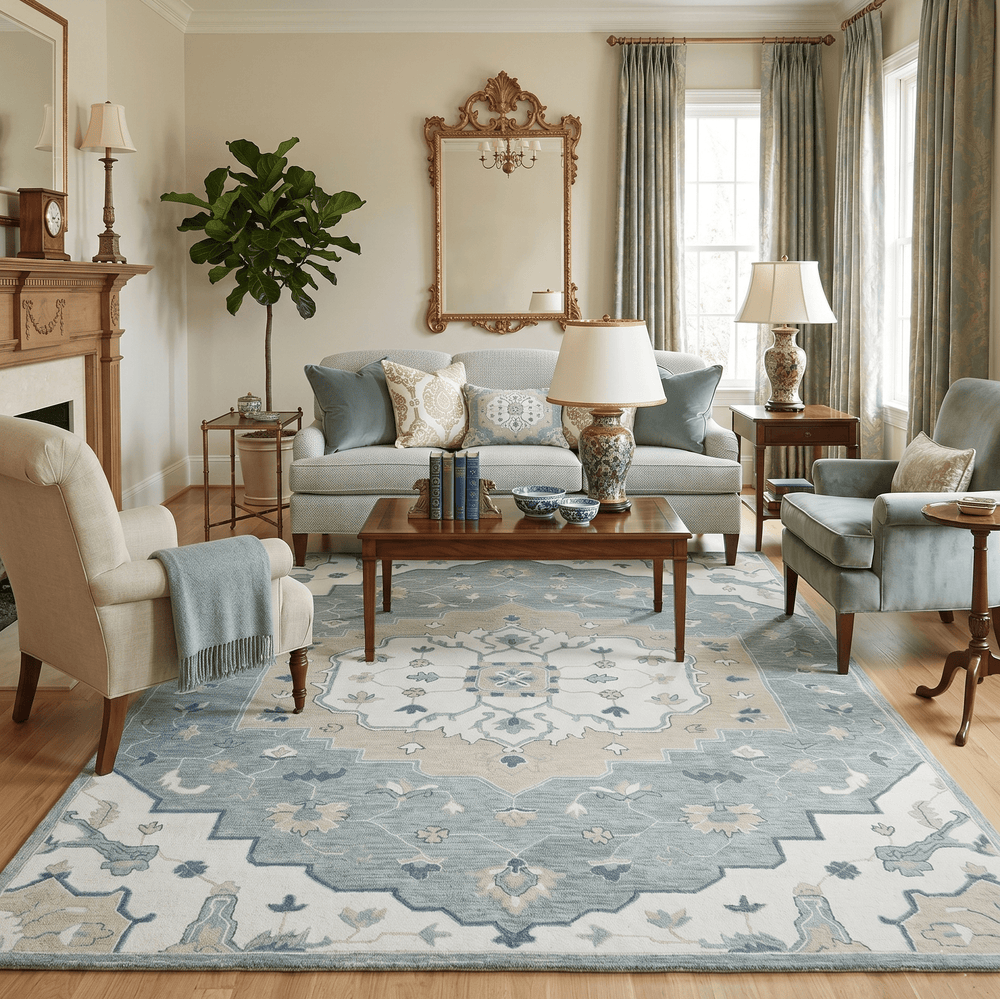 Ready to Ship 8x10 Traditional Ivory And Blue Hand Tufted Wool Rug - The Rug Decor