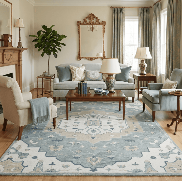 Ready to Ship 8x10 Traditional Ivory And Blue Hand Tufted Wool Rug - The Rug Decor
