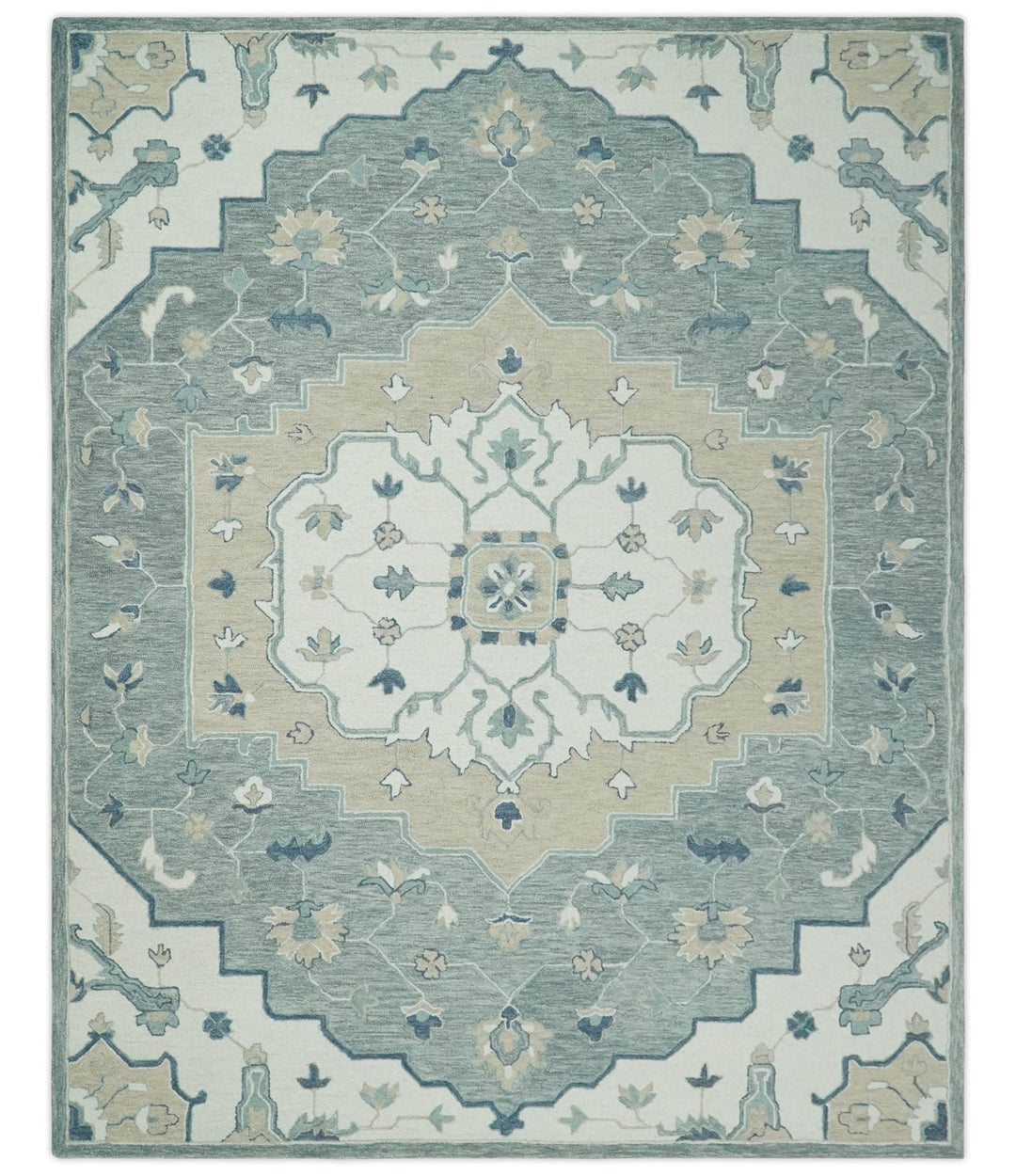 Ready to Ship 8x10 Traditional Ivory And Blue Hand Tufted Wool Rug - The Rug Decor