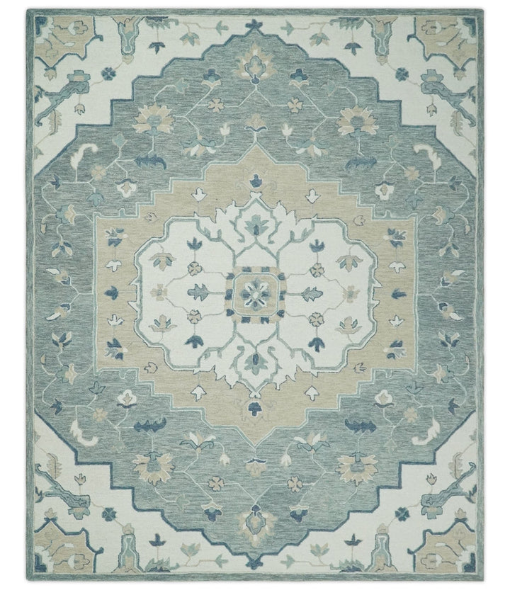 Ready to Ship 8x10 Traditional Ivory And Blue Hand Tufted Wool Rug - The Rug Decor