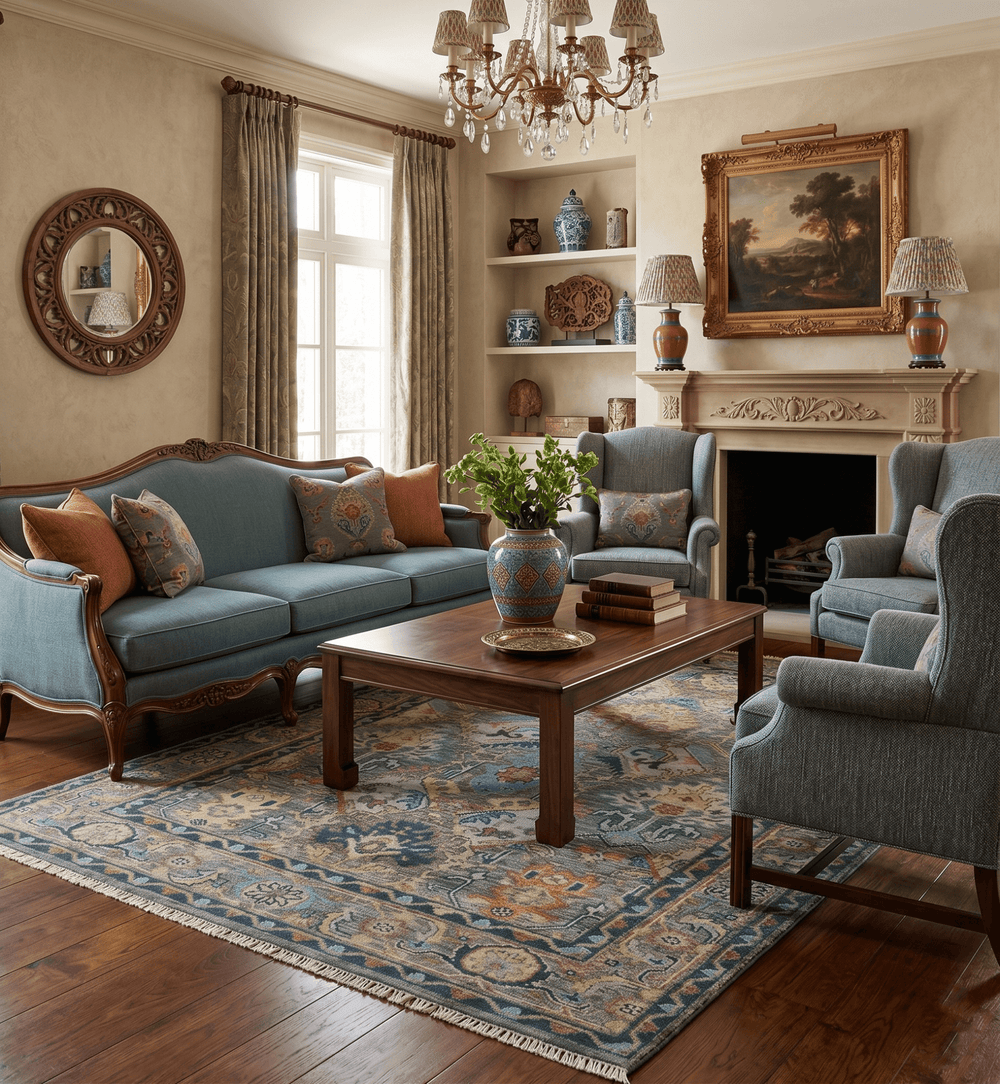 Ready to Ship 8x16 Hand Knotted Oushak Charcoal and Blue Wool Area Rug - The Rug Decor