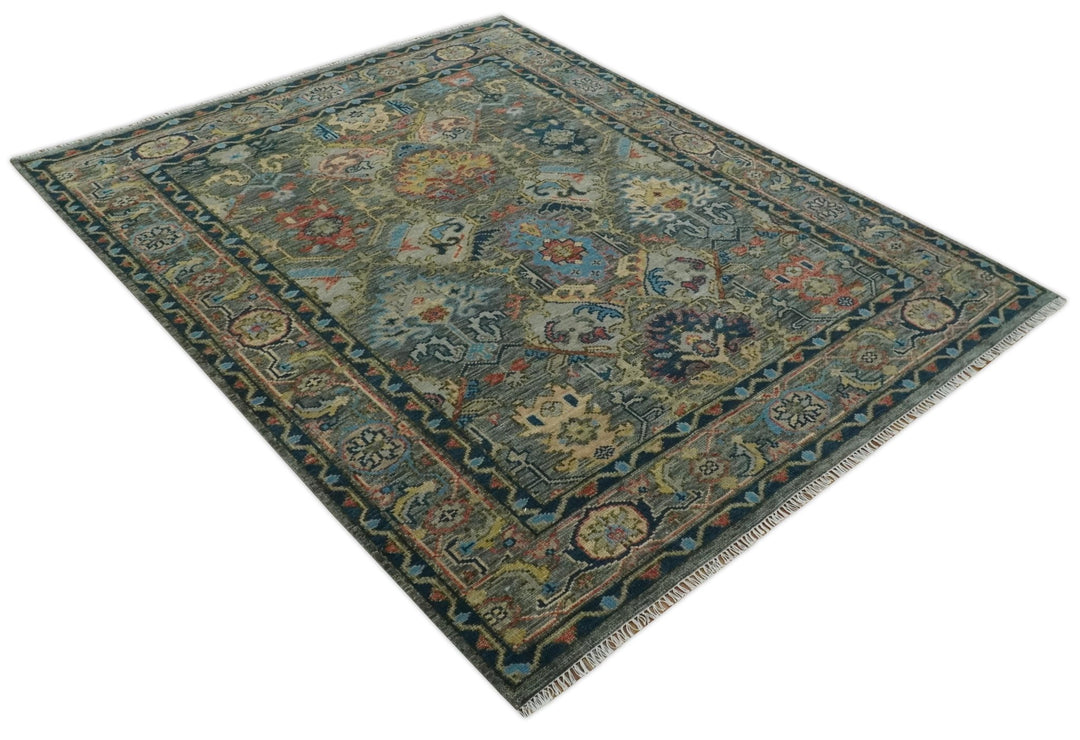 Ready to Ship 8x16 Hand Knotted Oushak Charcoal and Blue Wool Area Rug - The Rug Decor