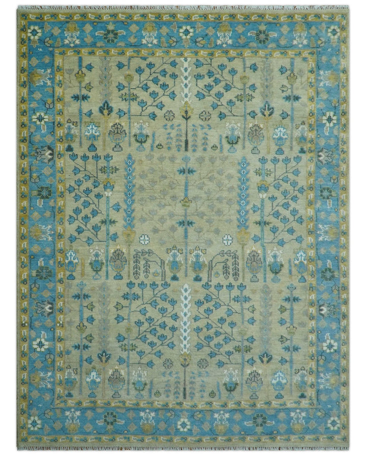 Ready to Ship 9x12 Tree of life Beige and Blue Traditional Hand Knotted Wool Rug - The Rug Decor