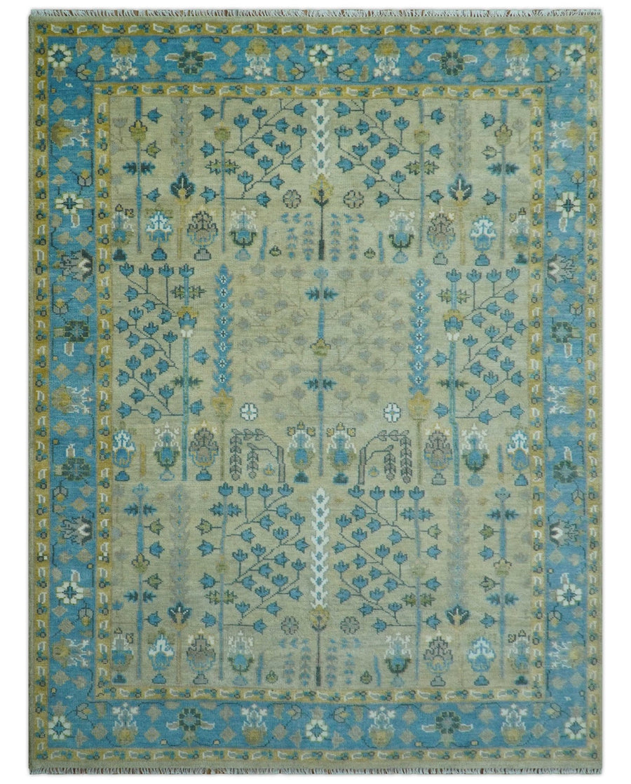 Ready to Ship 9x12 Tree of life Beige and Blue Traditional Hand Knotted Wool Rug - The Rug Decor