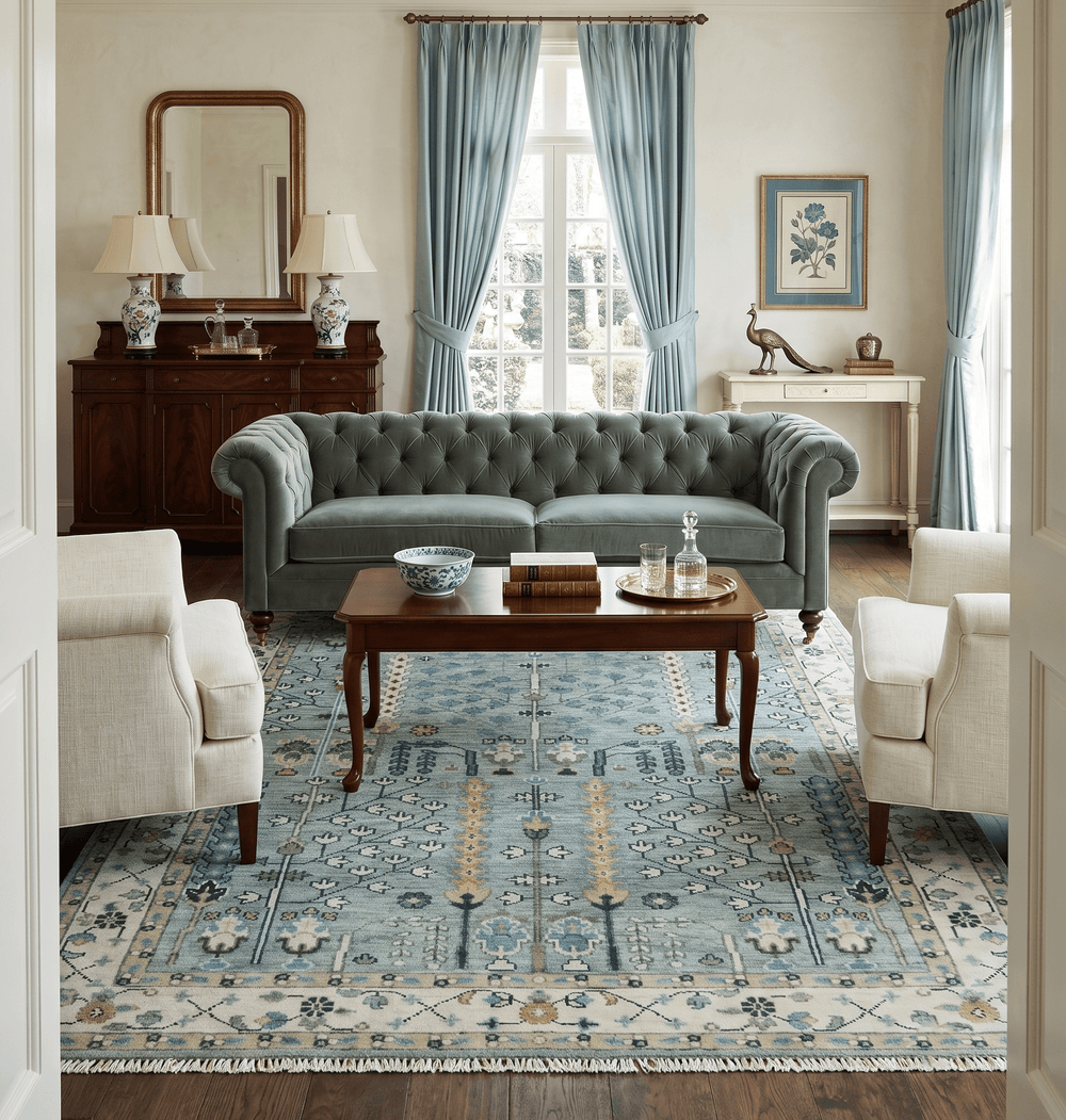 Ready to Ship Aqua and Ivory Tree of Design Hand Knotted Wool Area Rug - The Rug Decor
