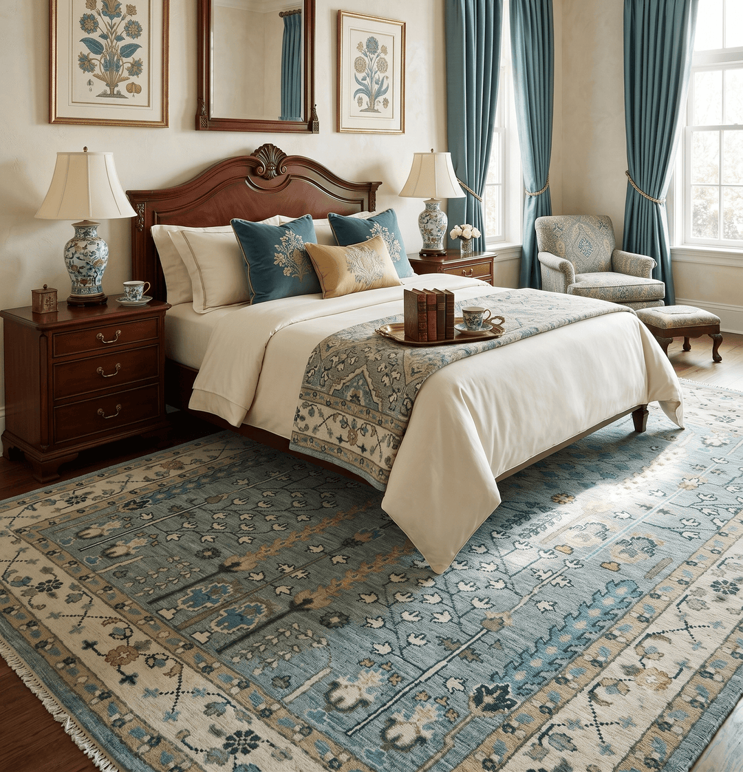 Ready to Ship Aqua and Ivory Tree of Design Hand Knotted Wool Area Rug - The Rug Decor