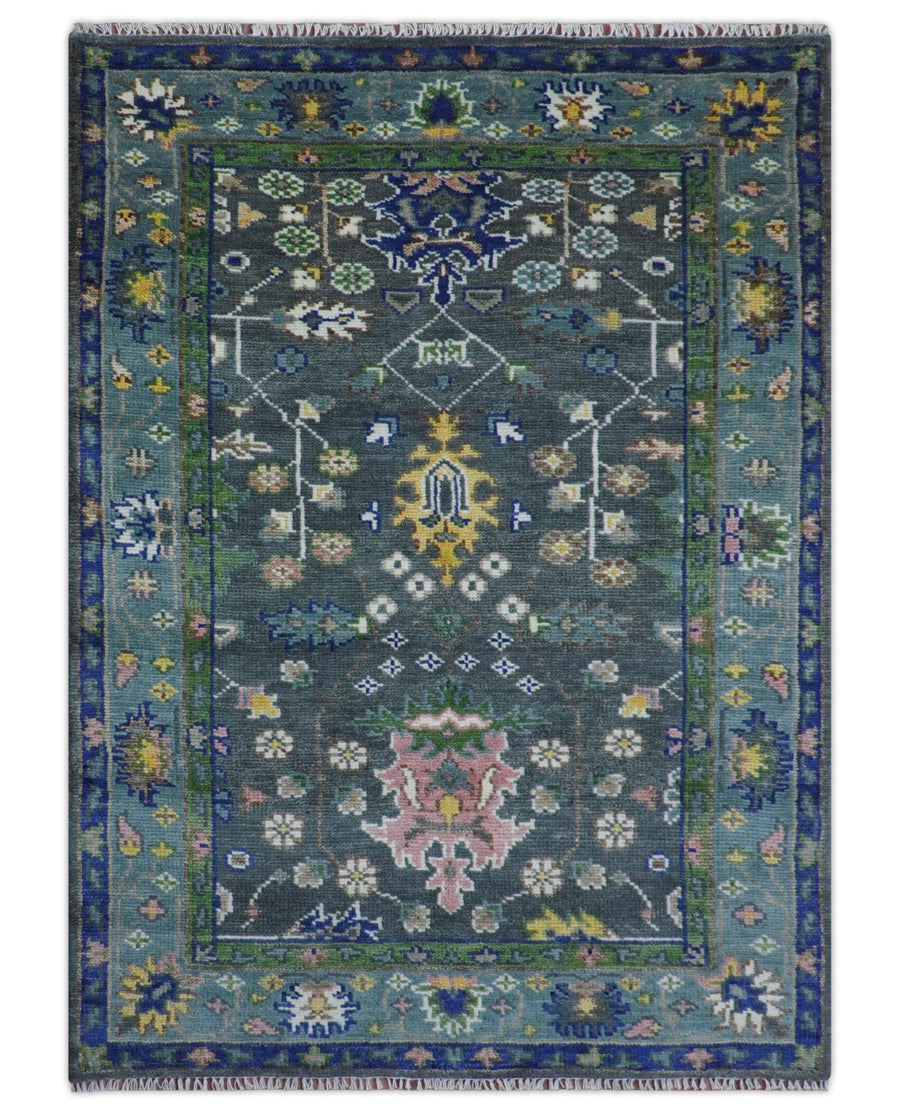 Ready to ship Charcoal, Green And Blue 5x7 Wool Rug - The Rug Decor