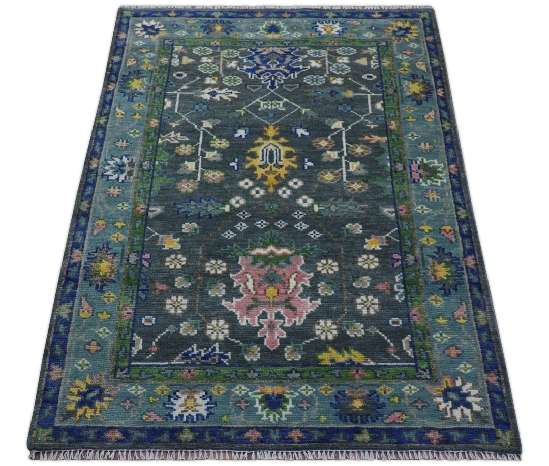 Ready to ship Charcoal, Green And Blue 5x7 Wool Rug - The Rug Decor