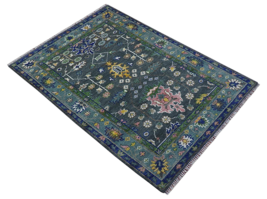 Ready to ship Charcoal, Green And Blue 5x7 Wool Rug - The Rug Decor