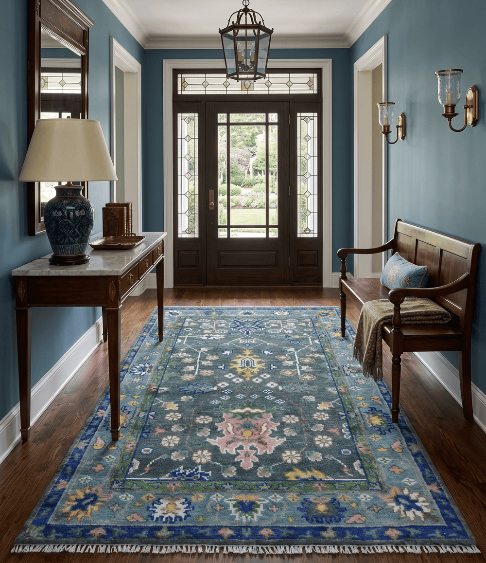 Ready to ship Charcoal, Green And Blue 5x7 Wool Rug - The Rug Decor