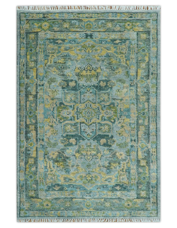 Ready to Ship Green And Gold Traditional Heriz Hand Knotted 4x6 Wool Rug - The Rug Decor