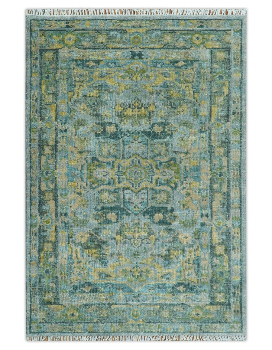 Ready to Ship Green And Gold Traditional Heriz Hand Knotted 4x6 Wool Rug - The Rug Decor