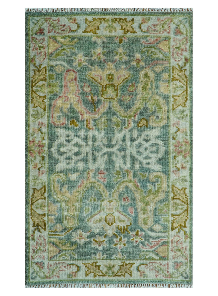 Ready to Ship Green And Gray 3x5 Traditional Hand Knotted Wool Rug - The Rug Decor