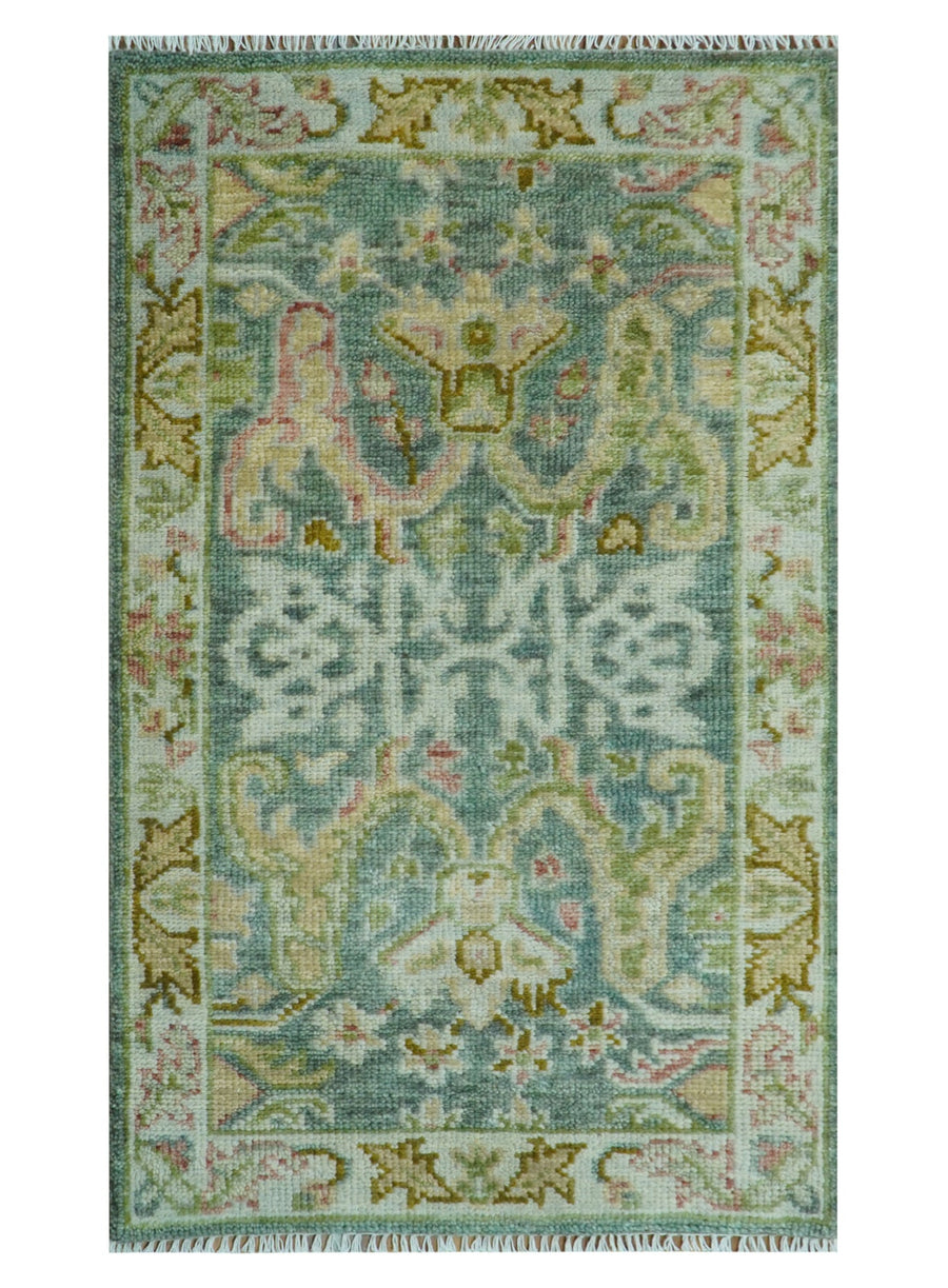 Ready to Ship Green And Gray 3x5 Traditional Hand Knotted Wool Rug - The Rug Decor