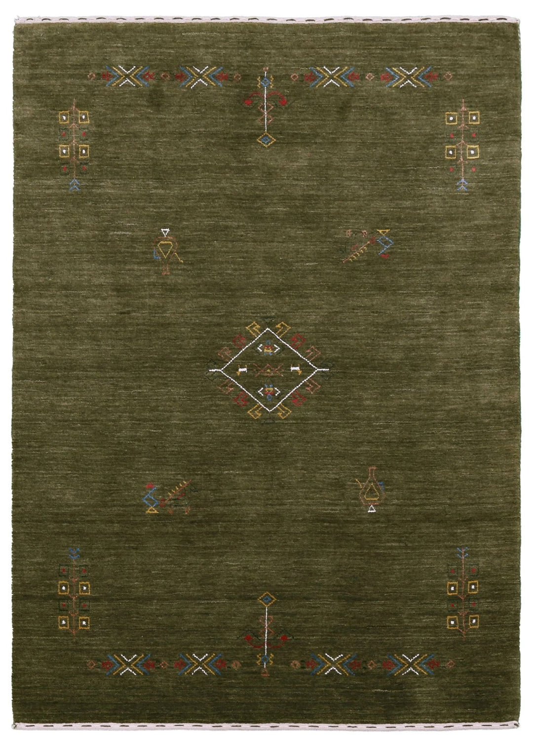 Ready to Ship Green Tribal Center Medallion Hand Loomed Wool Area Rug - The Rug Decor