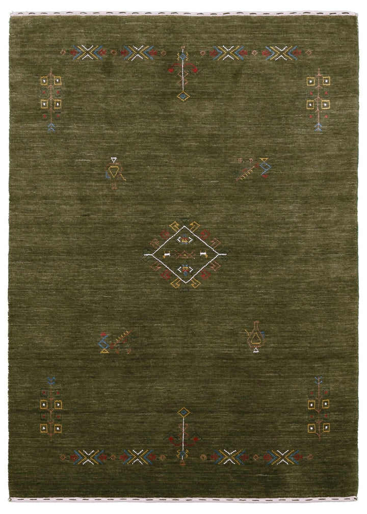 Ready to Ship Green Tribal Center Medallion Hand Loomed Wool Area Rug - The Rug Decor