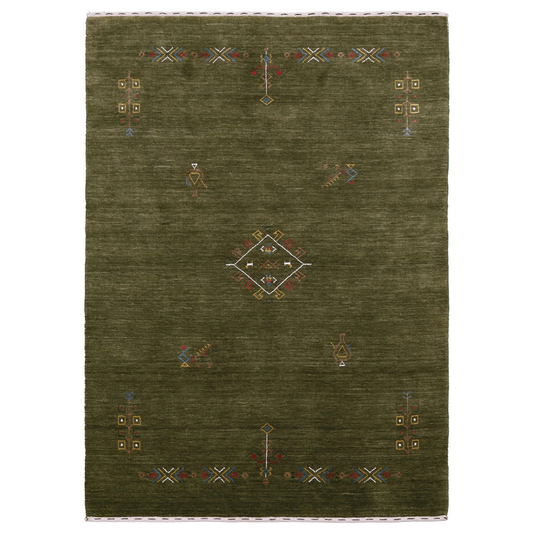 Ready to Ship Green Tribal Center Medallion Hand Loomed Wool Area Rug - The Rug Decor