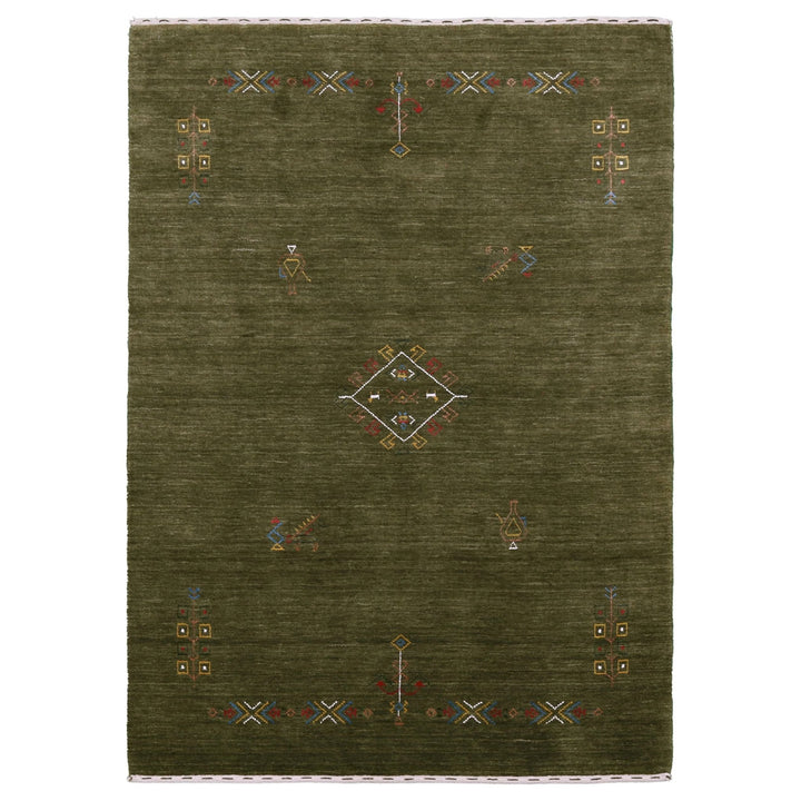 Ready to Ship Green Tribal Center Medallion Hand Loomed Wool Area Rug - The Rug Decor