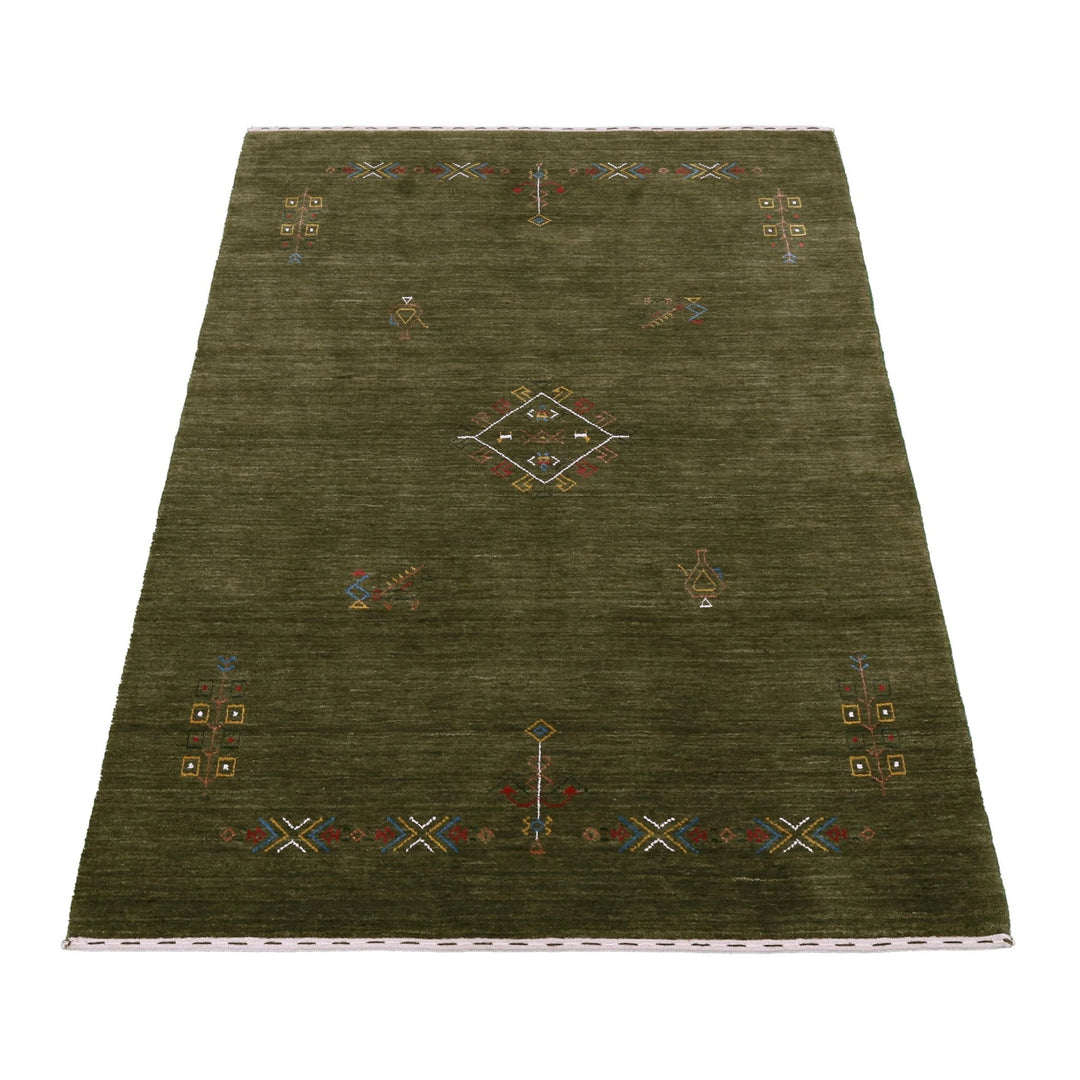 Ready to Ship Green Tribal Center Medallion Hand Loomed Wool Area Rug - The Rug Decor