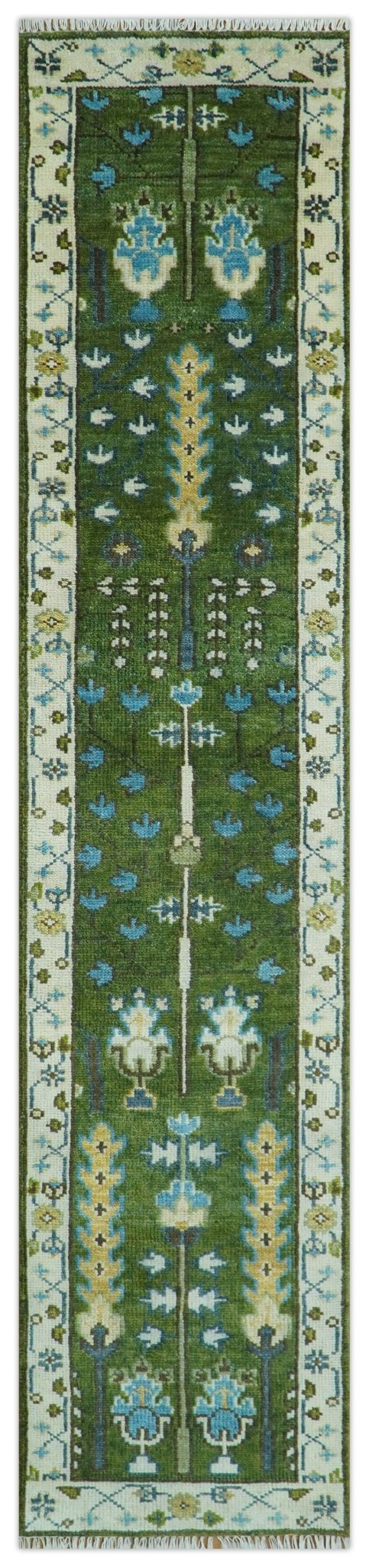 Ready to Ship Hand Knotted 2.6x12 Green and Ivory Tree of life Wool Area Rug - The Rug Decor