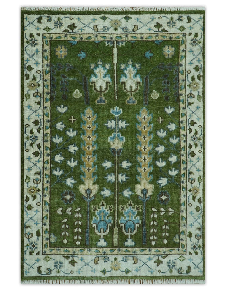 Ready to Ship Hand Knotted Green and Ivory Traditional Wool Area Rug - The Rug Decor