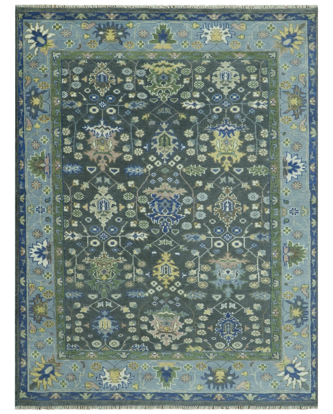 Ready to Ship Hand Knotted Green Moss and Blue Traditional Turkish Design Wool Rug - The Rug Decor