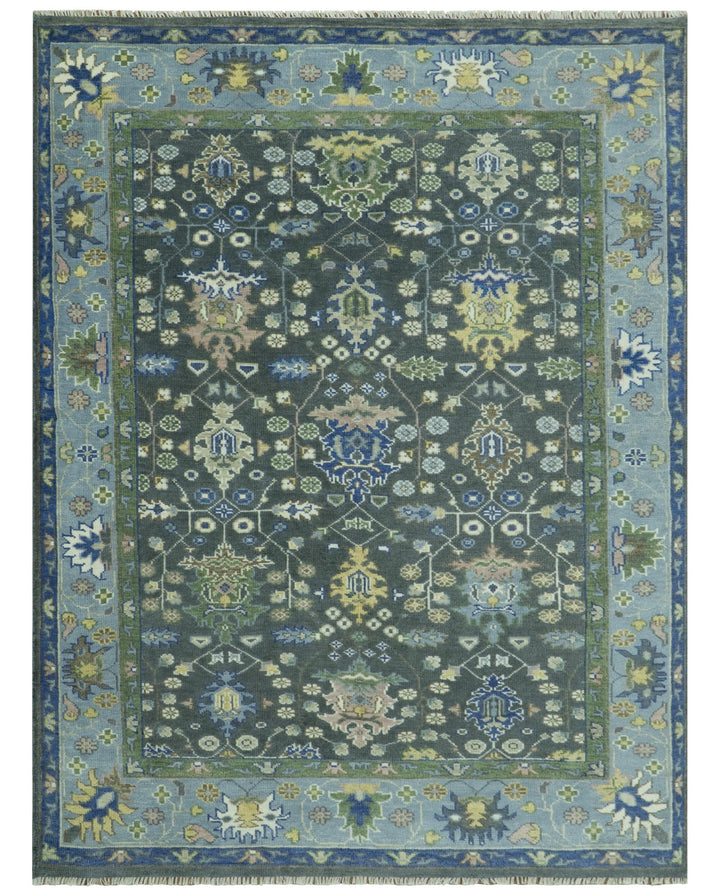 Ready to Ship Hand Knotted Green Moss and Blue Traditional Turkish Design Wool Rug - The Rug Decor