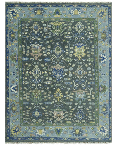Ready to Ship Hand Knotted Green Moss and Blue Traditional Turkish Design Wool Rug - The Rug Decor