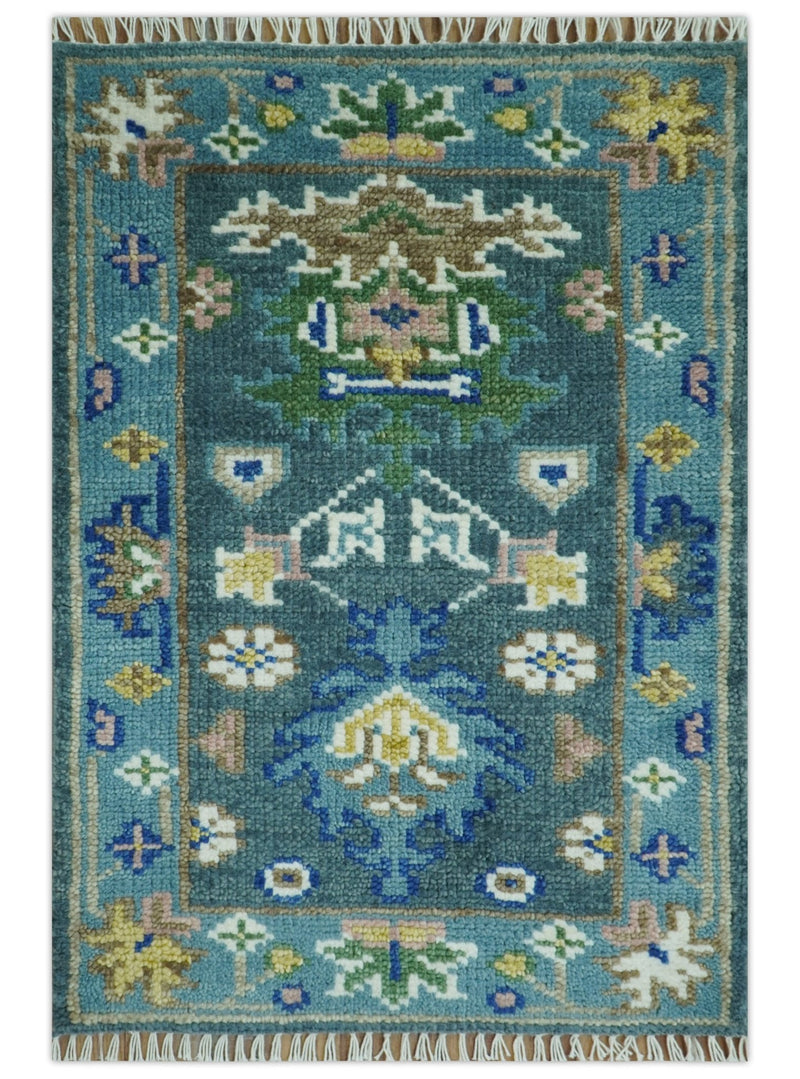 Ready to Ship Hand Knotted Green Moss and Blue Traditional Turkish Design Wool Rug - The Rug Decor