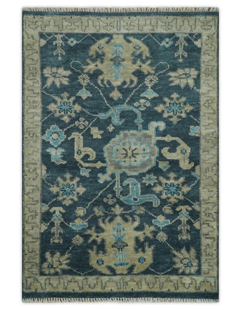 Ready to Ship Hand Knotted Oriental Turkish Oushak Blue and Camel Wool Area Rug - The Rug Decor