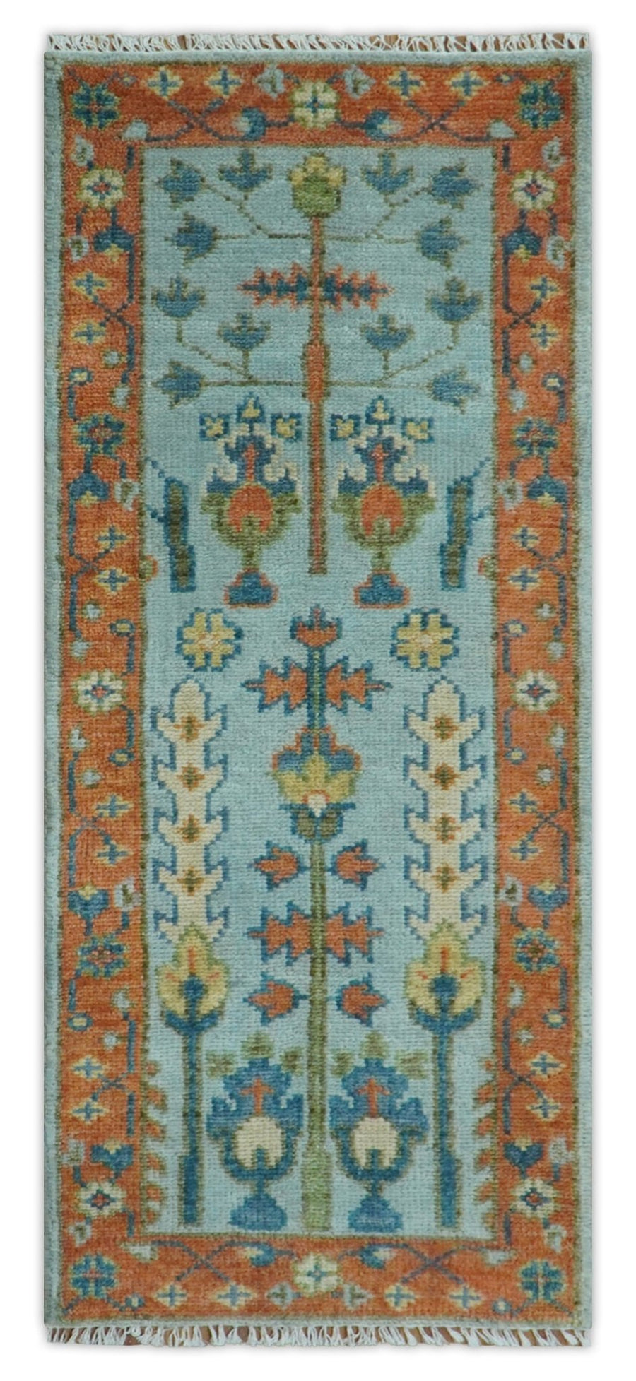 Ready to Ship Hand Knotted Tree of Life Blue And Rust 2.6x6 Design Wool Rug - The Rug Decor