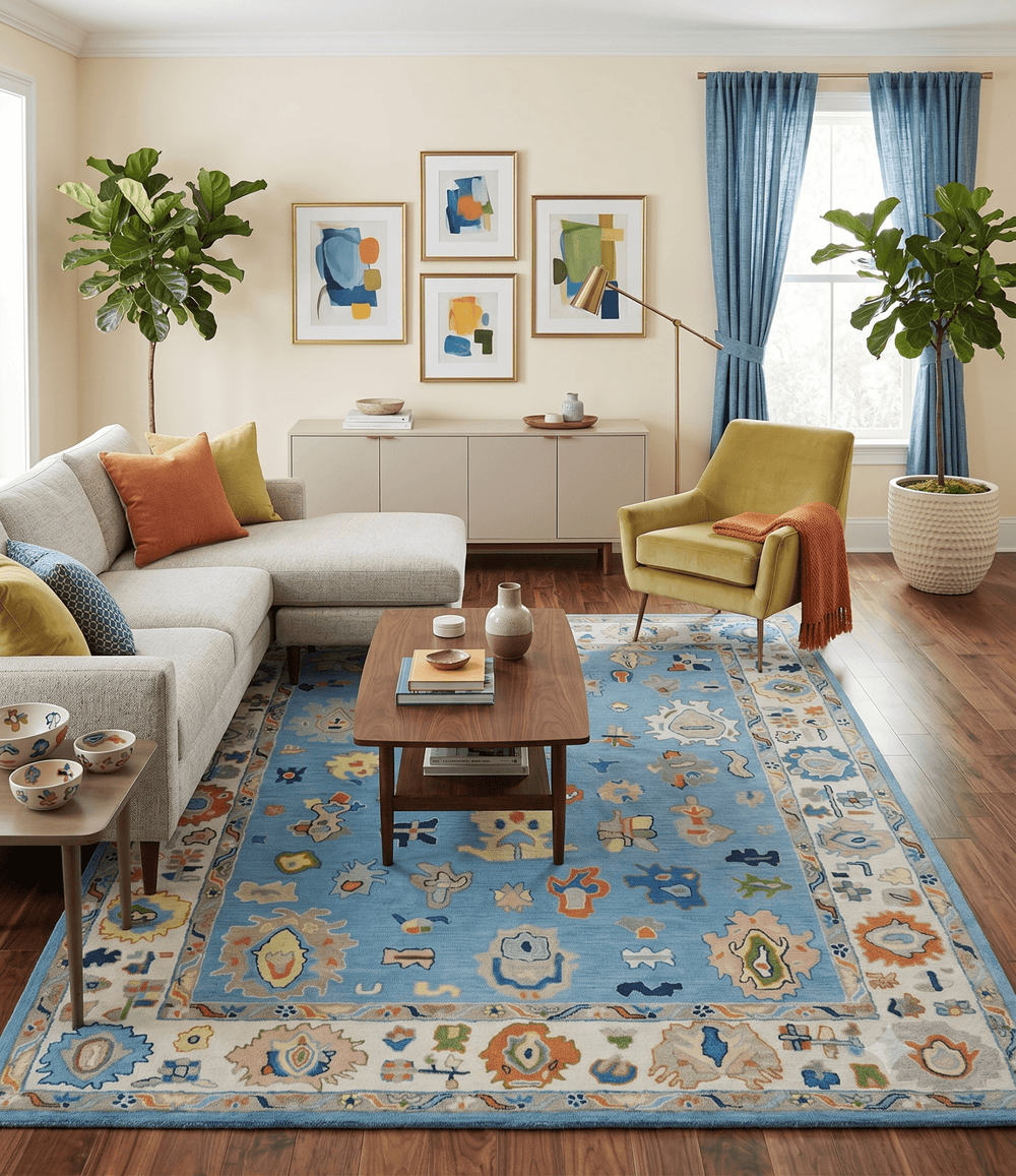 Ready to Ship Hand Tufted Blue and Ivory Modern Colorful Oushak Rug, Kids, Living Room Rug - The Rug Decor