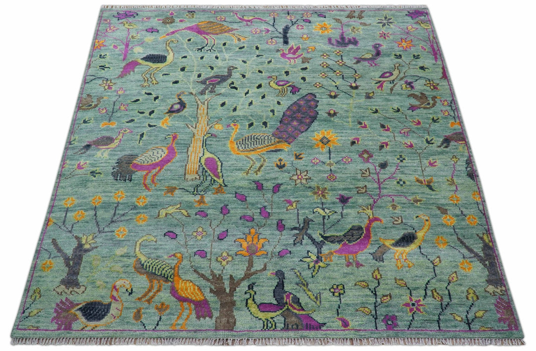 Ready to Ship Jungle Life Peacock Bird 8x8 Square Green Wool Rug - The Rug Decor
