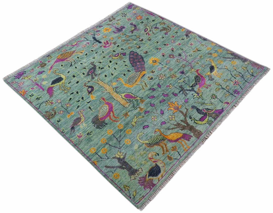 Ready to Ship Jungle Life Peacock Bird 8x8 Square Green Wool Rug - The Rug Decor