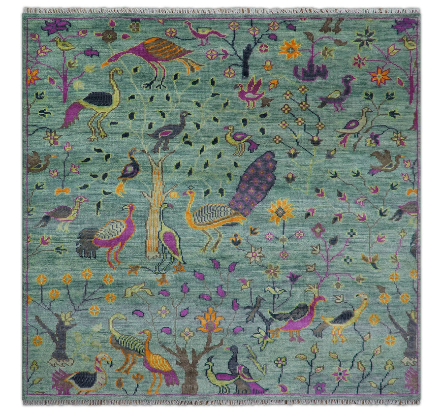 Ready to Ship Jungle Life Peacock Bird 8x8 Square Green Wool Rug - The Rug Decor
