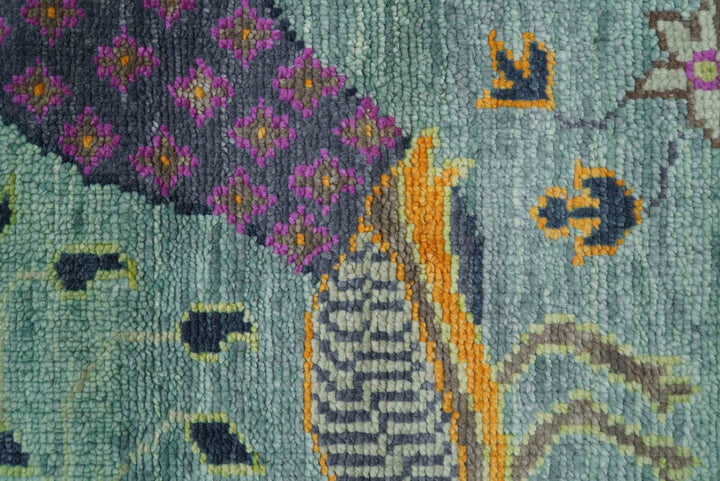 Ready to Ship Jungle Life Peacock Bird 8x8 Square Green Wool Rug - The Rug Decor