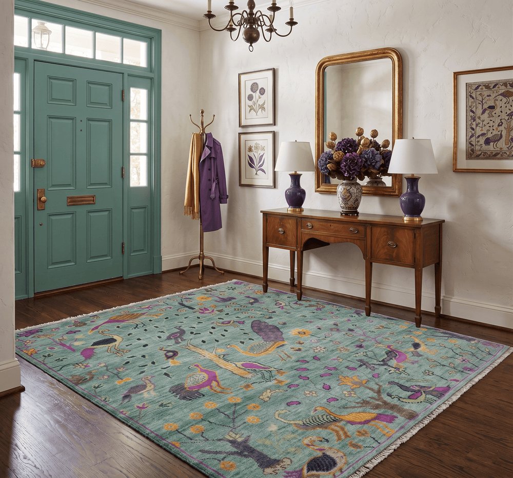 Ready to Ship Jungle Life Peacock Bird 8x8 Square Green Wool Rug - The Rug Decor