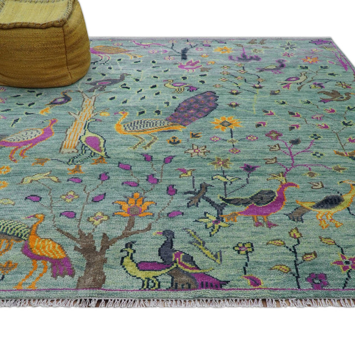 Ready to Ship Jungle Life Peacock Bird 8x8 Square Green Wool Rug - The Rug Decor