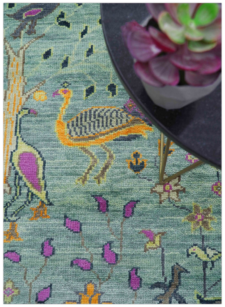 Ready to Ship Jungle Life Peacock Bird 8x8 Square Green Wool Rug - The Rug Decor
