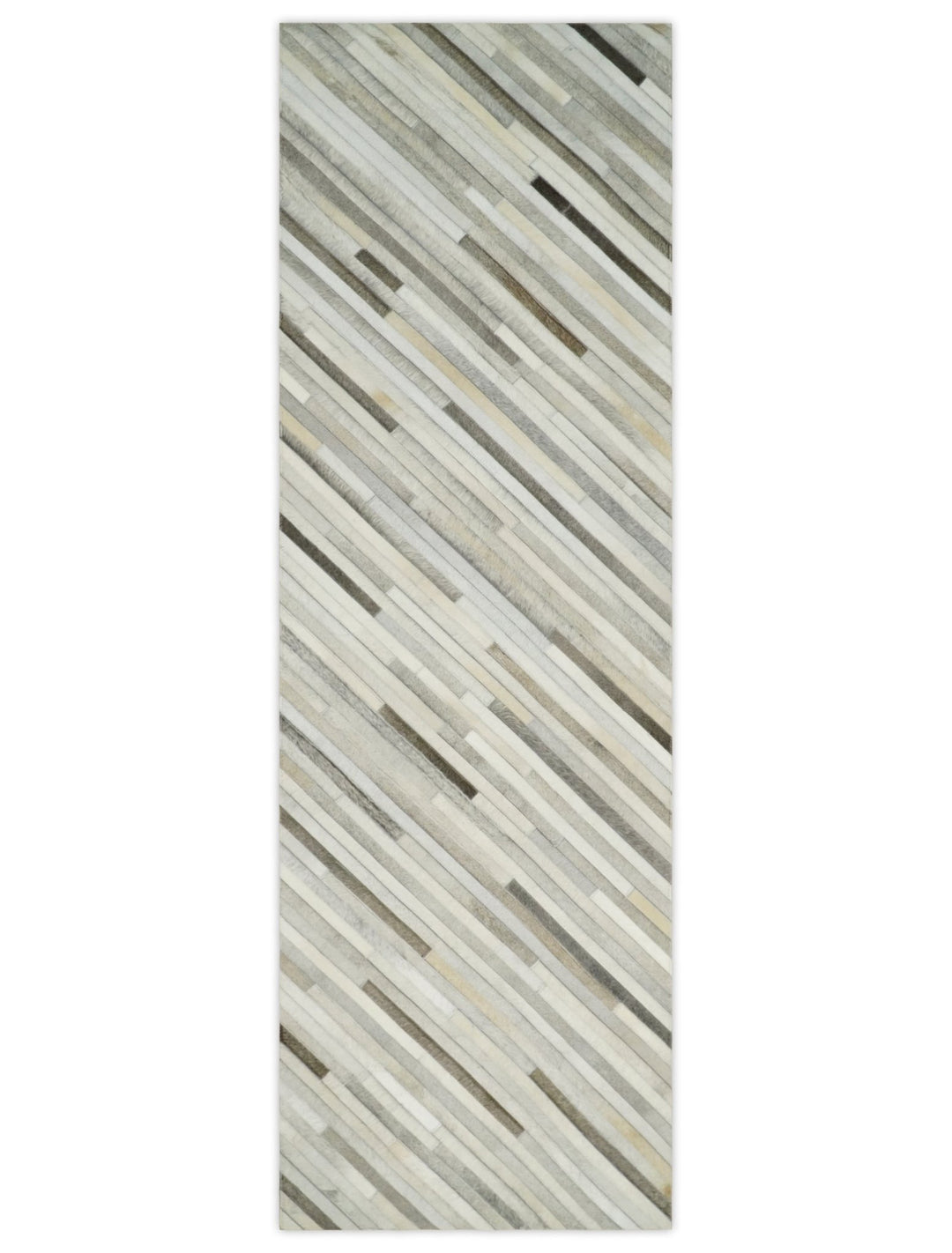 Ready to Ship Modern Beige and Silver Handmade 2.6x8 Leather Rug - The Rug Decor