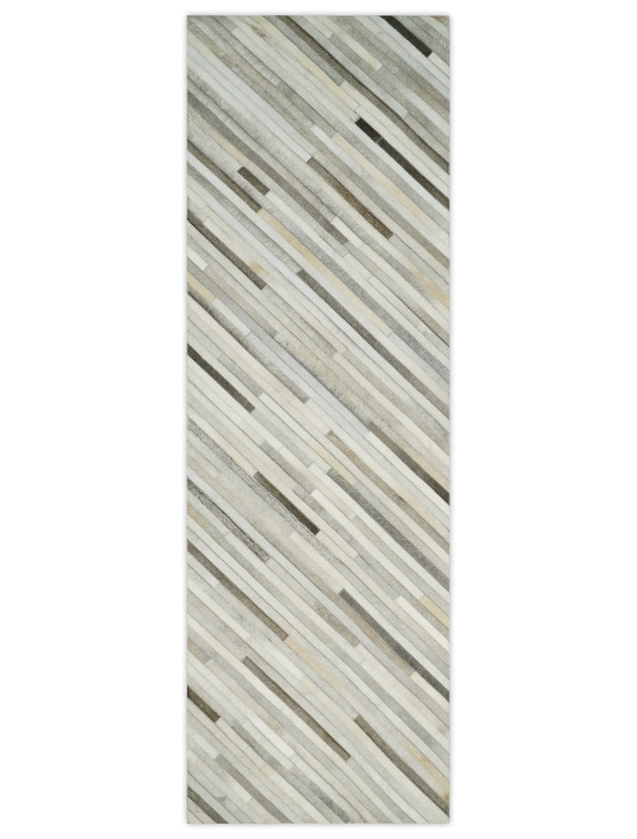 Ready to Ship Modern Beige and Silver Handmade 2.6x8 Leather Rug - The Rug Decor