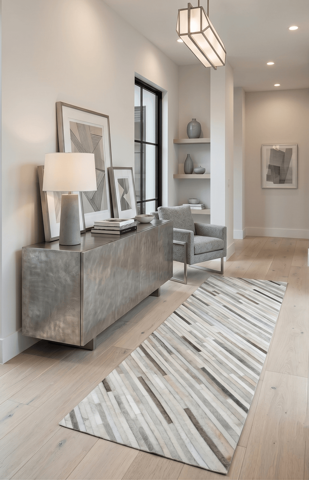 Ready to Ship Modern Beige and Silver Handmade 2.6x8 Leather Rug - The Rug Decor