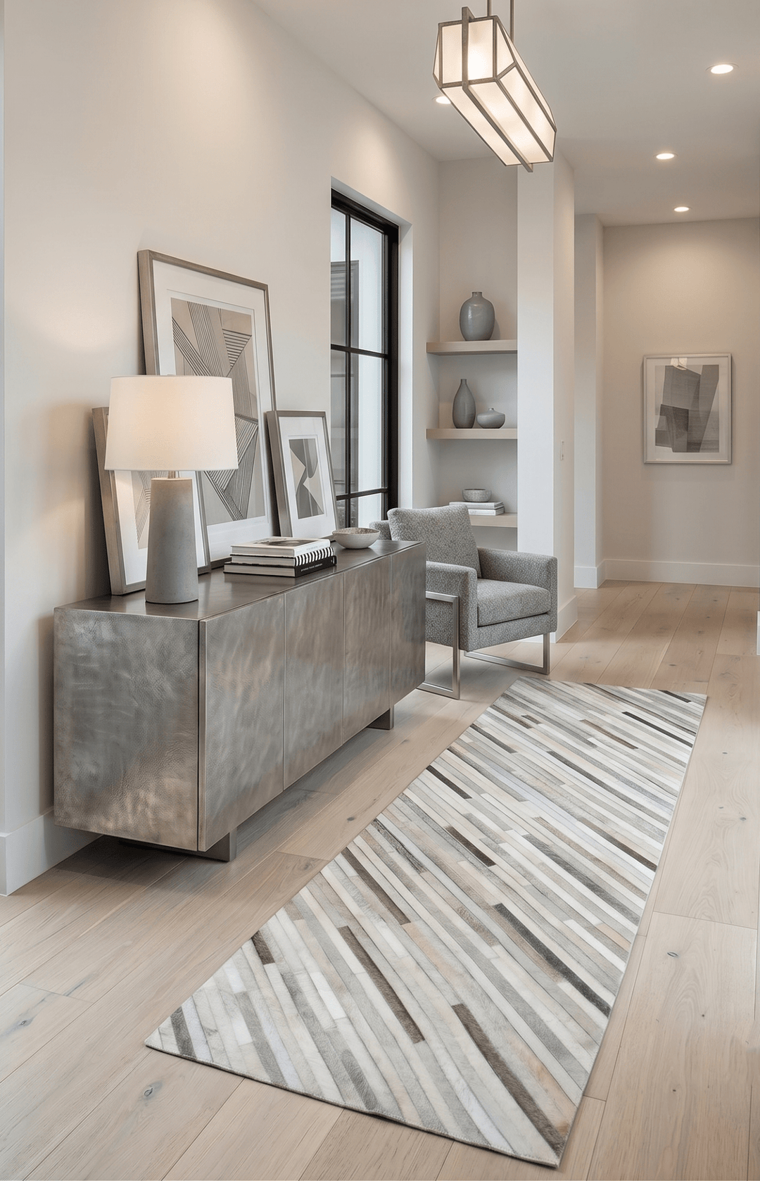 Ready to Ship Modern Beige and Silver Handmade 2.6x8 Leather Rug - The Rug Decor